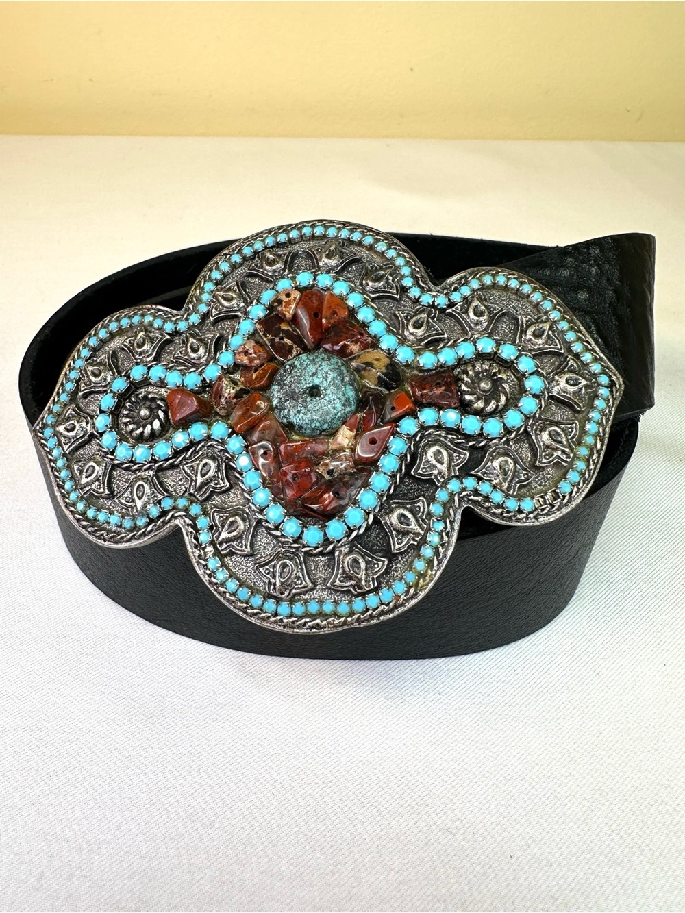 Leatherock Black leather handcrafted artisan buckle turquoise-style cabochons